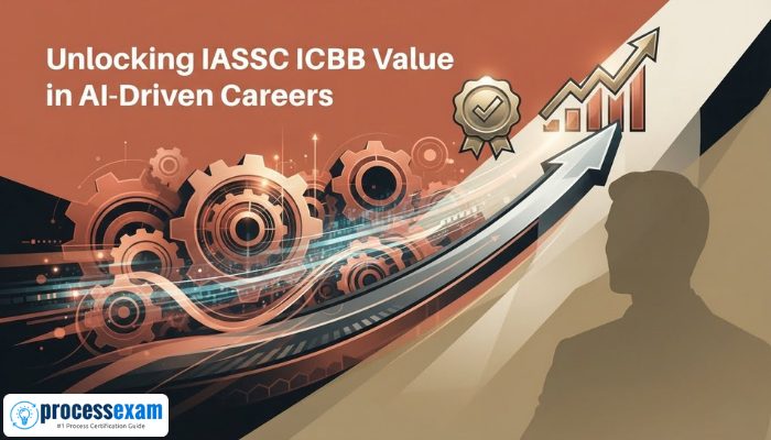 A dynamic digital illustration depicts abstract gears and data streams feeding into an upward career trajectory, symbolizing unlocking IASSC ICBB value in AI-driven careers. The color scheme is terracotta, black, and muted gold.