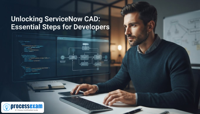 A professional man focused on a digital interface with code, representing a ServiceNow Application Developer. The image highlights the steps needed for CAD certification success.