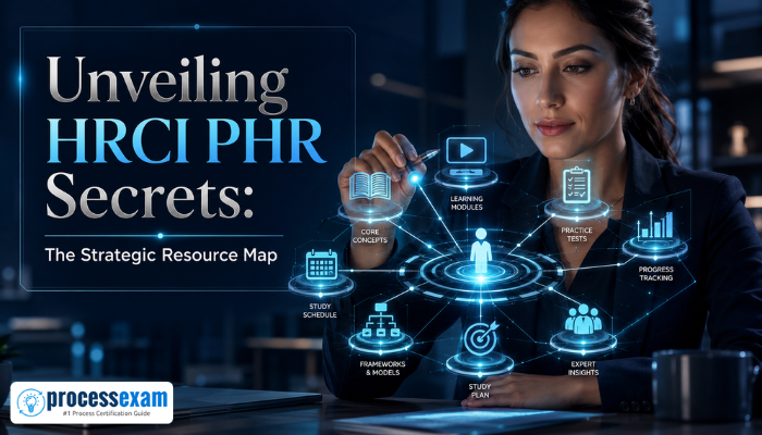 A professional woman looking at a holographic projection of interconnected study resources, representing a strategic map for HRCI PHR exam preparation. The image title emphasizes discovery and strategic planning.