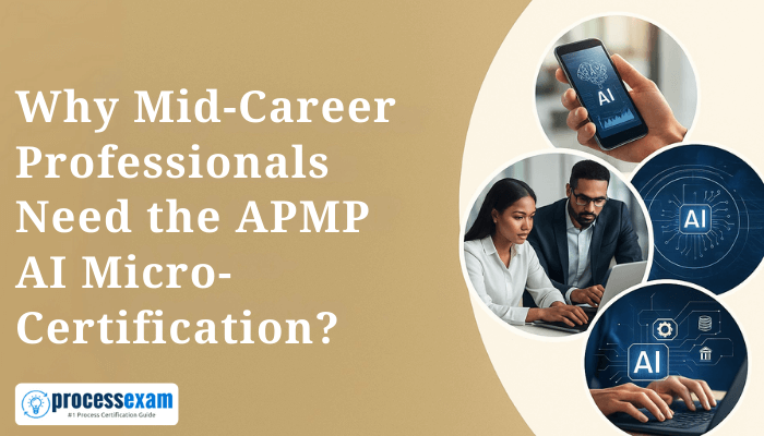 A horizontal promotional banner with beige text reading “Why Mid-Career Professionals Need the APMP AI Micro-Certification” in Droid Serif on the left, and circular images on the right showing professionals and AI technology visuals.