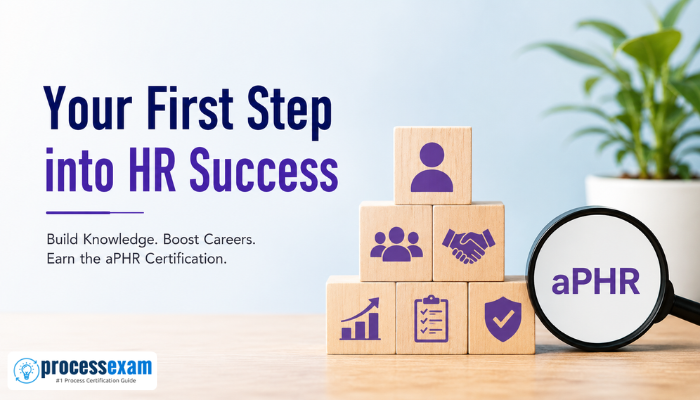 Feature image showing the title “Your First Step into HR Success” beside HR-themed wooden blocks and a magnifying glass highlighting aPHR certification.