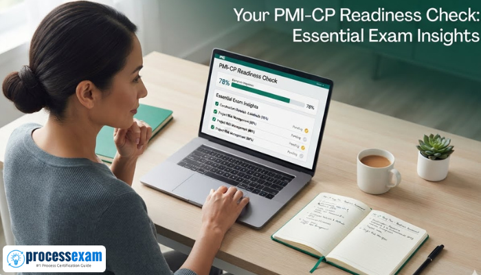 An adult woman reviewing a readiness checklist on a laptop, with a notebook and pen on a clean desk, symbolizing thoughtful PMI-CP exam preparation and readiness assessment.