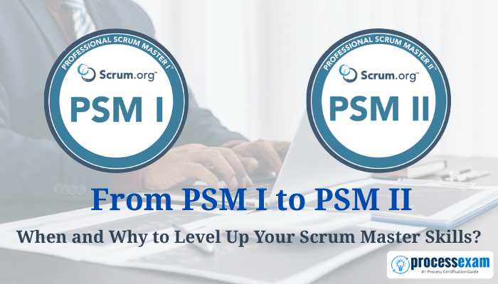 A professional workspace featuring a person working on a laptop with documents and stationery, overlaid with Scrum.org PSM I and PSM II certification badges and a headline about leveling up Scrum Master skills.