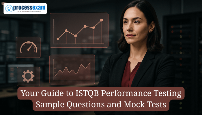 A confident mid-career woman in a charcoal blazer stands in a modern software testing lab, surrounded by holographic UI elements displaying performance metrics like graphs, response time, and load testing icons, with dark server racks and test dashboards in the background under professional lighting.
